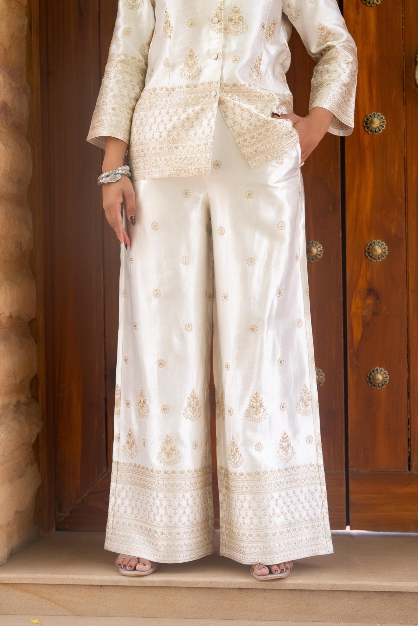 Ivory Gold Embroidered Co-ord Set with Pant