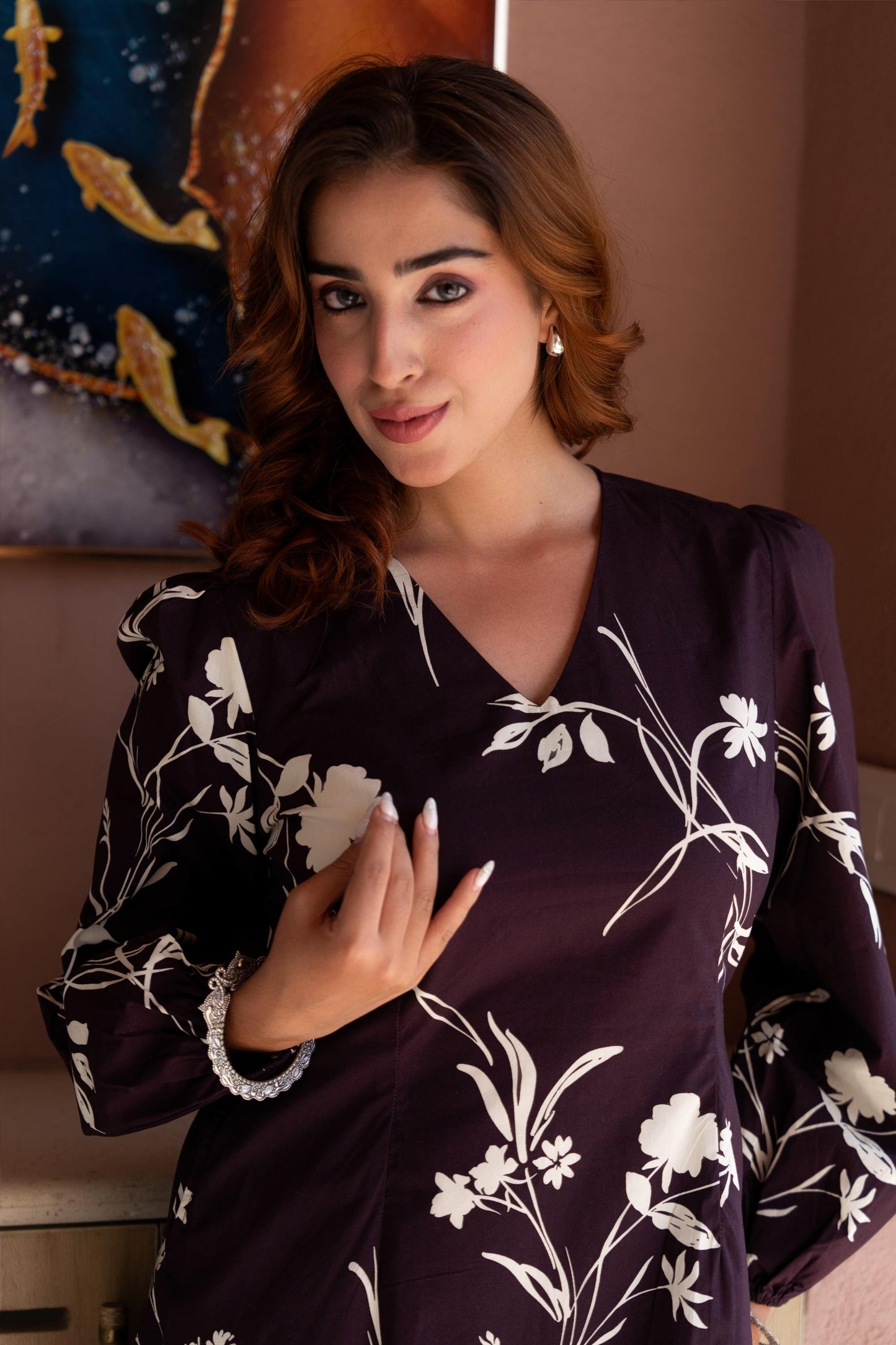 Wine Blossom Floral Printed V-Neck Mini Dress