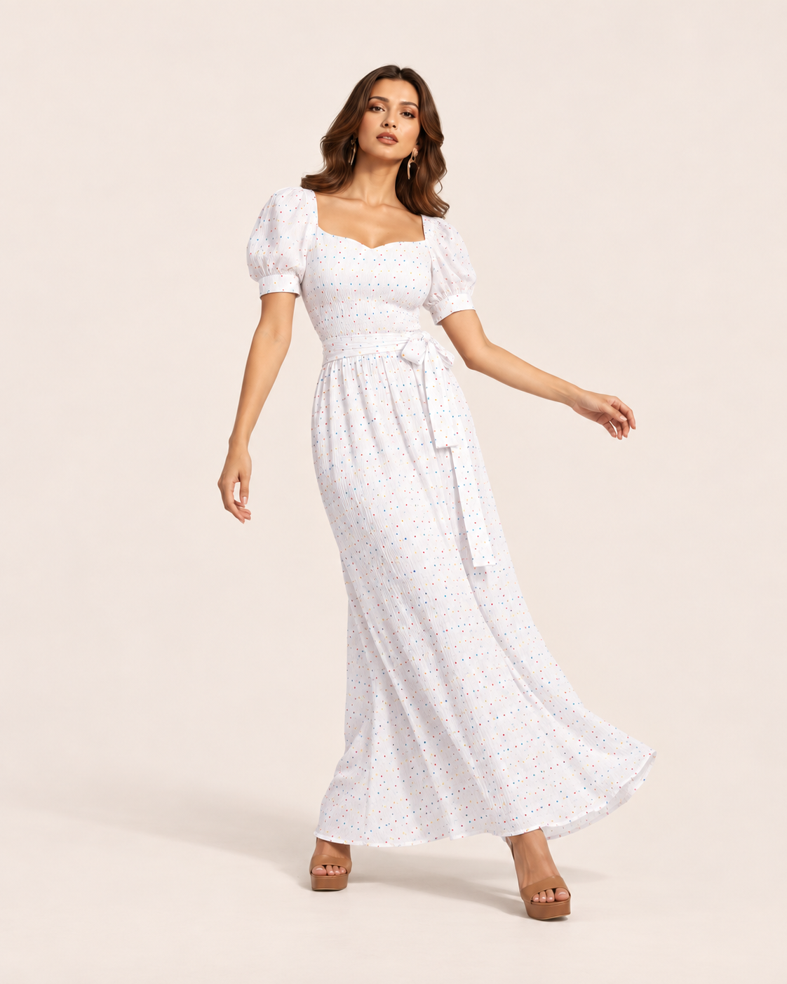 White Polka Print Puff Sleeve Maxi Dress