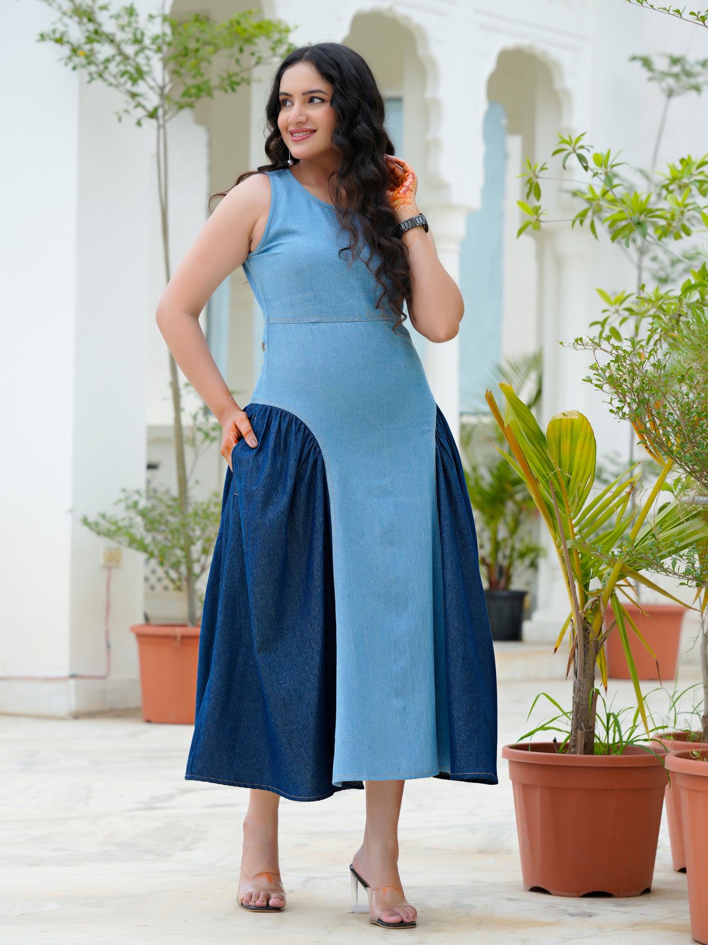 Two-Tone Denim Midi Dress