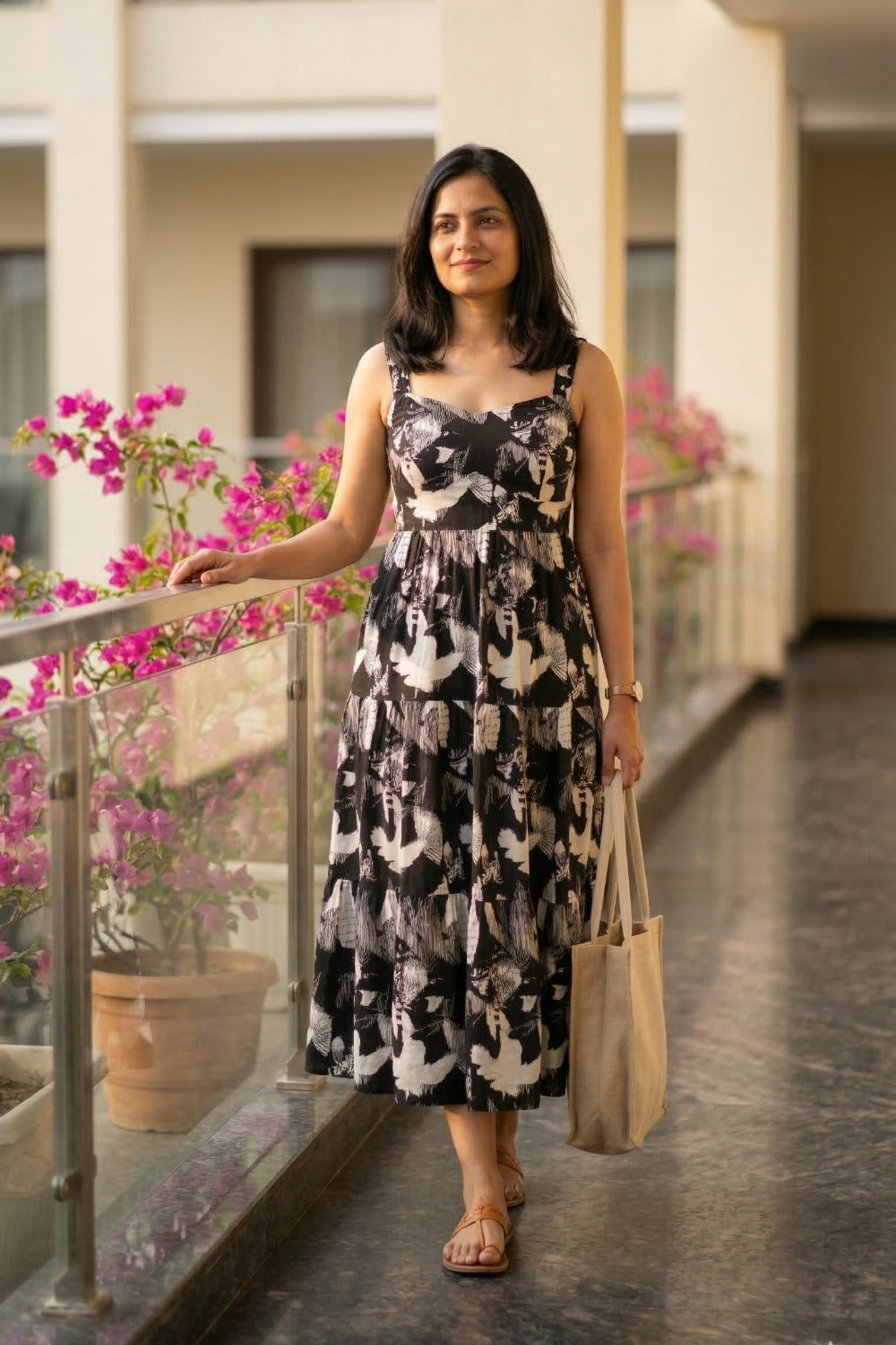 Midnight Bloom Black & White Floral Layered Printed Midi Dress