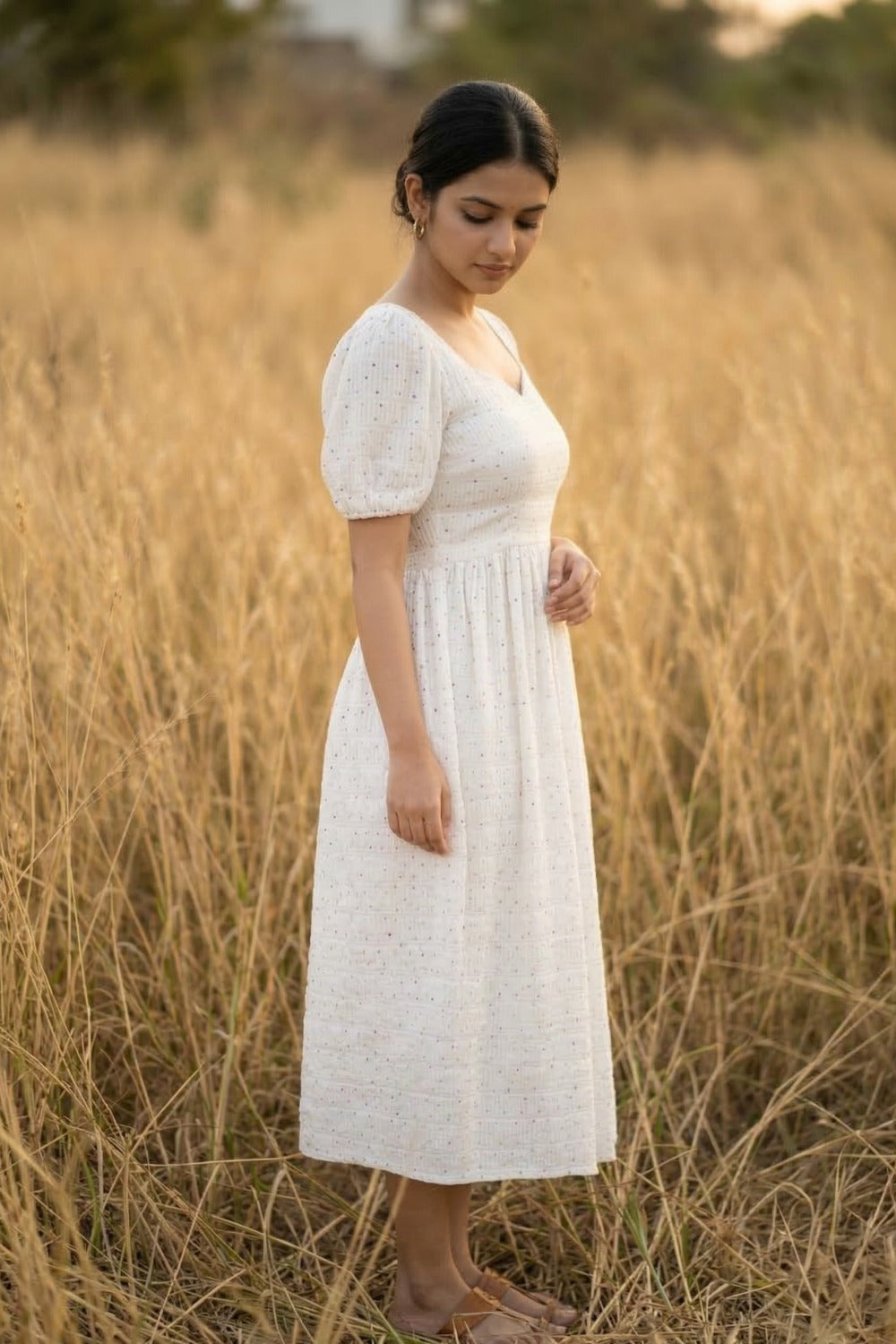 White Polka Print Puff Sleeve Maxi Dress