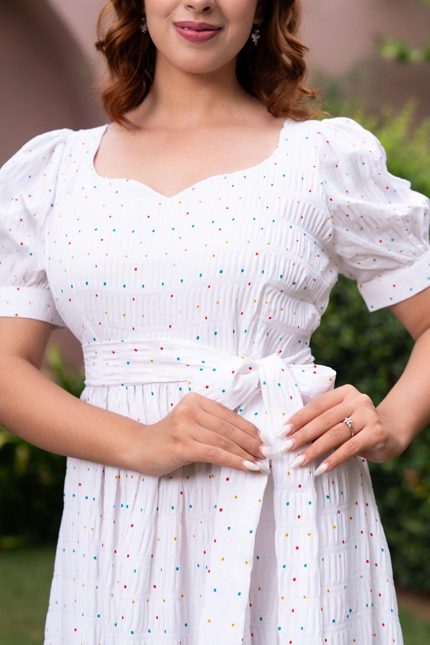 White Polka Print Puff Sleeve Maxi Dress