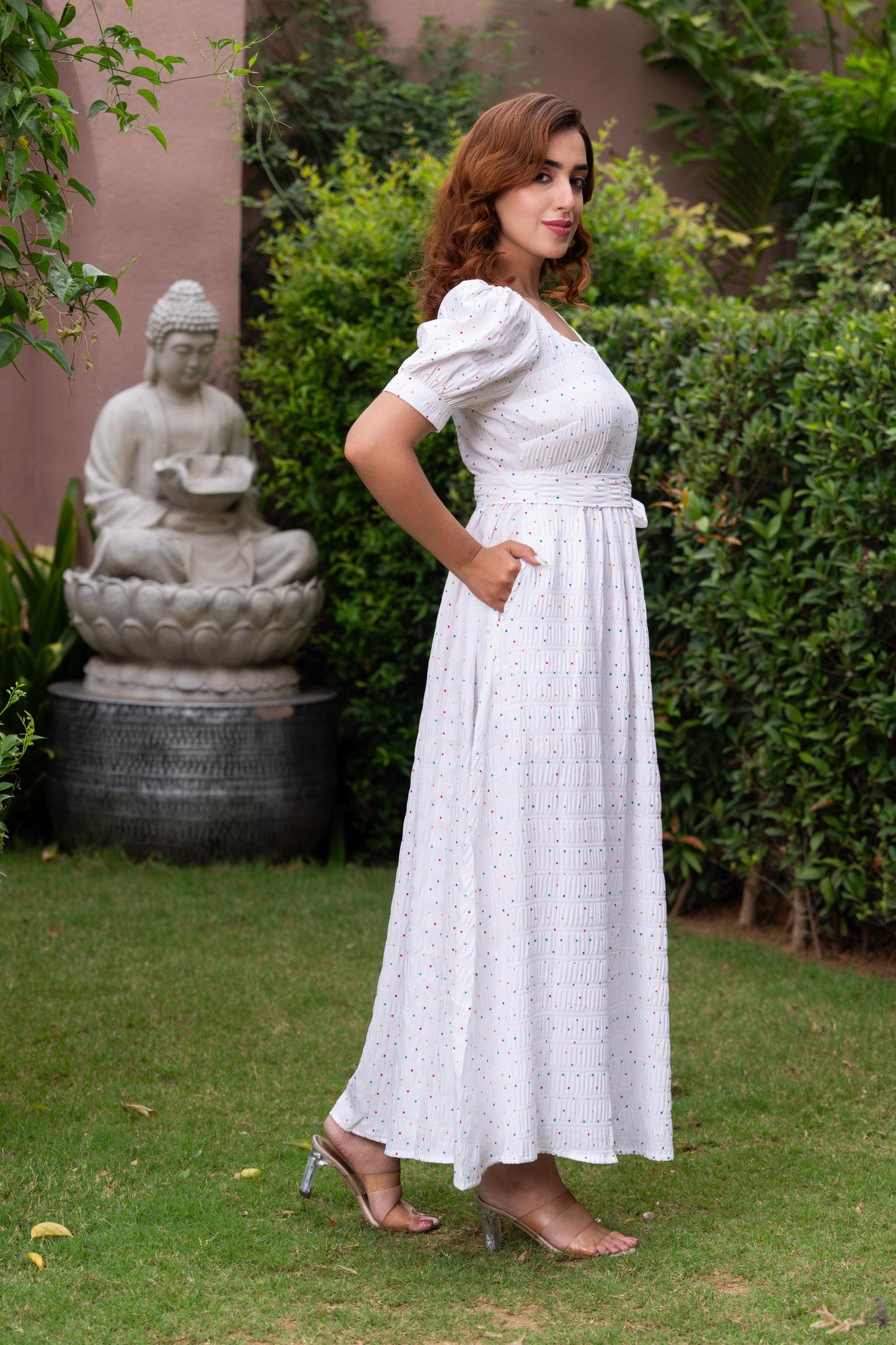 White Polka Print Puff Sleeve Maxi Dress