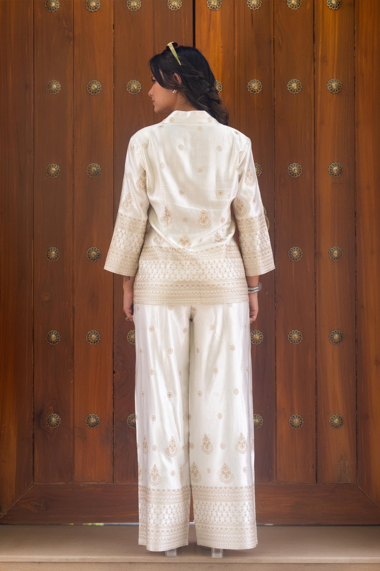 Ivory Gold Embroidered Co-ord Set with Pant