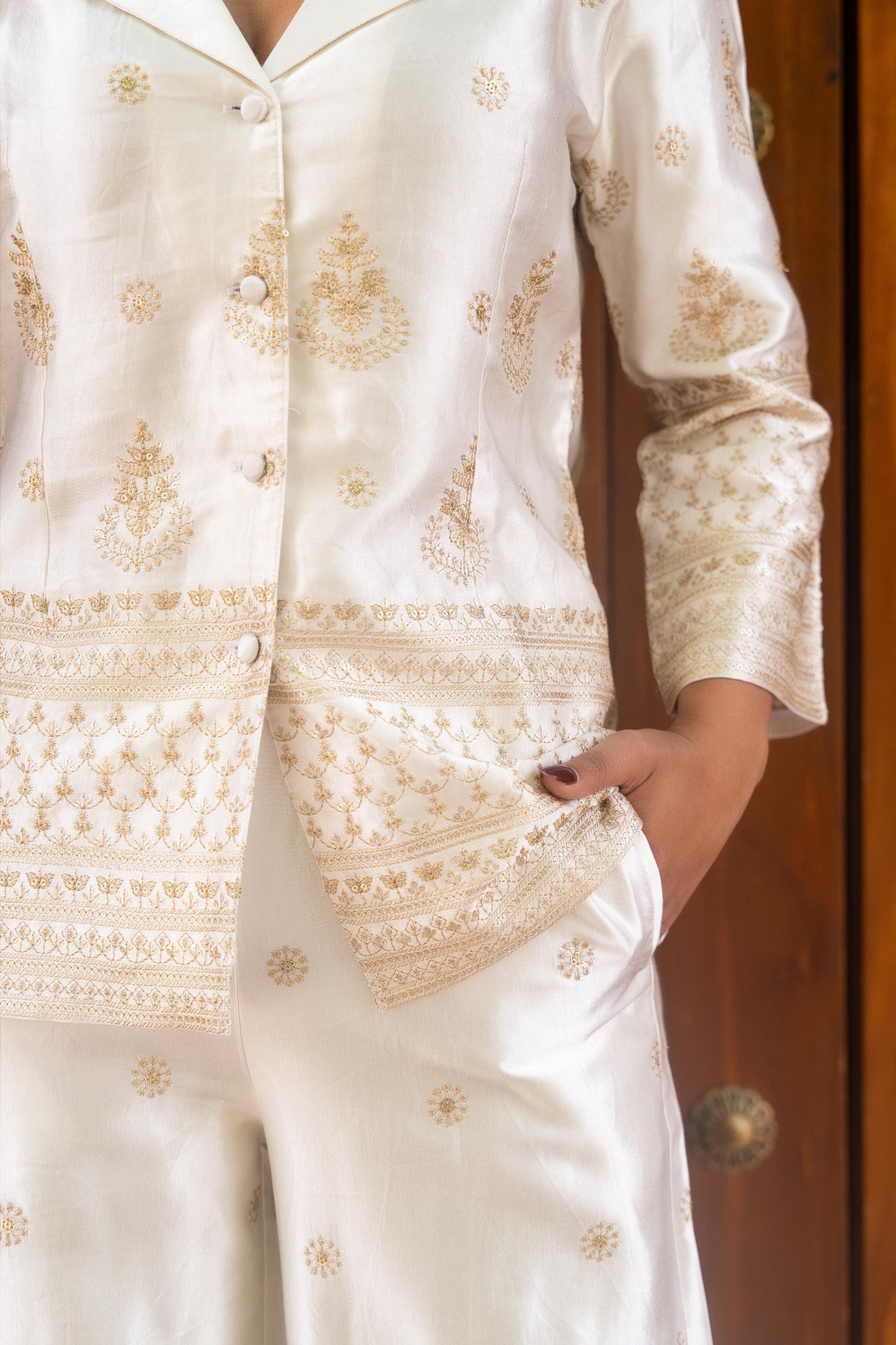 Ivory Gold Embroidered Co-ord Set with Pant