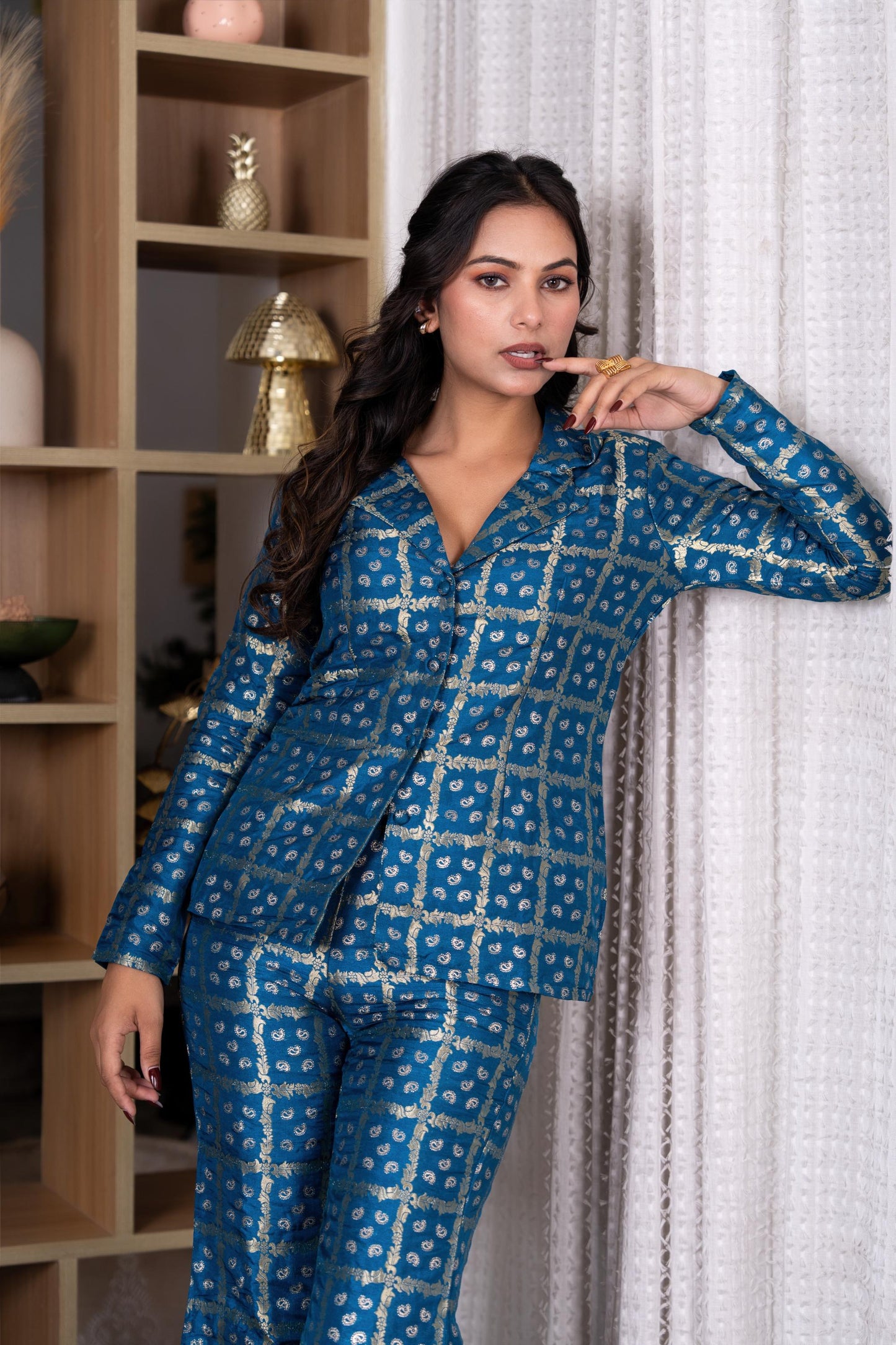 Peacock Teal Brocade Handblock Printed Style Co-ord Set