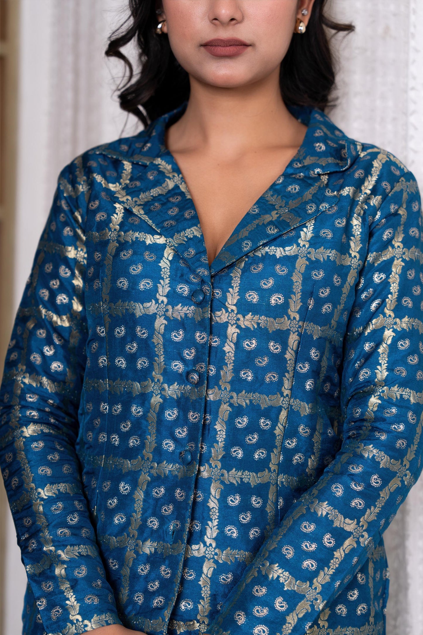 Peacock Teal Brocade Handblock Printed Style Co-ord Set