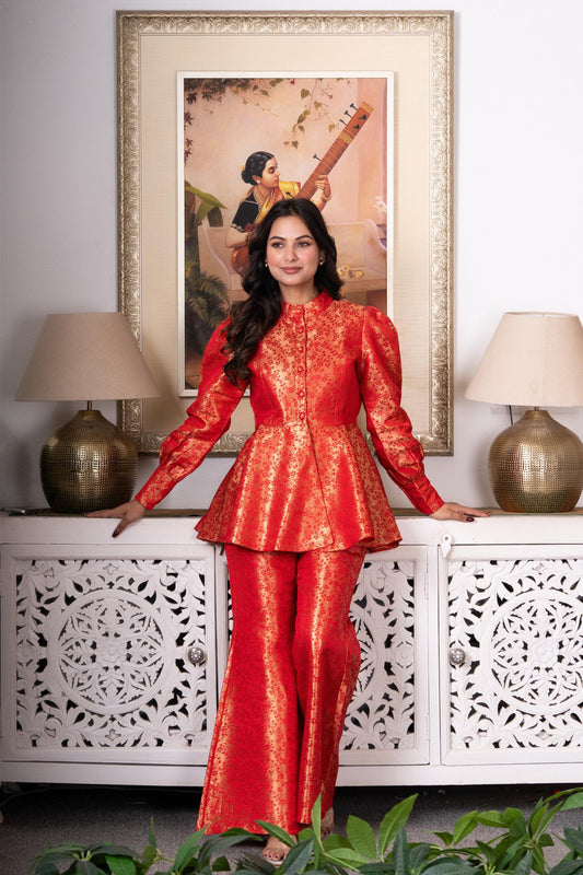 Red & Gold Peplum Co-Ord Set