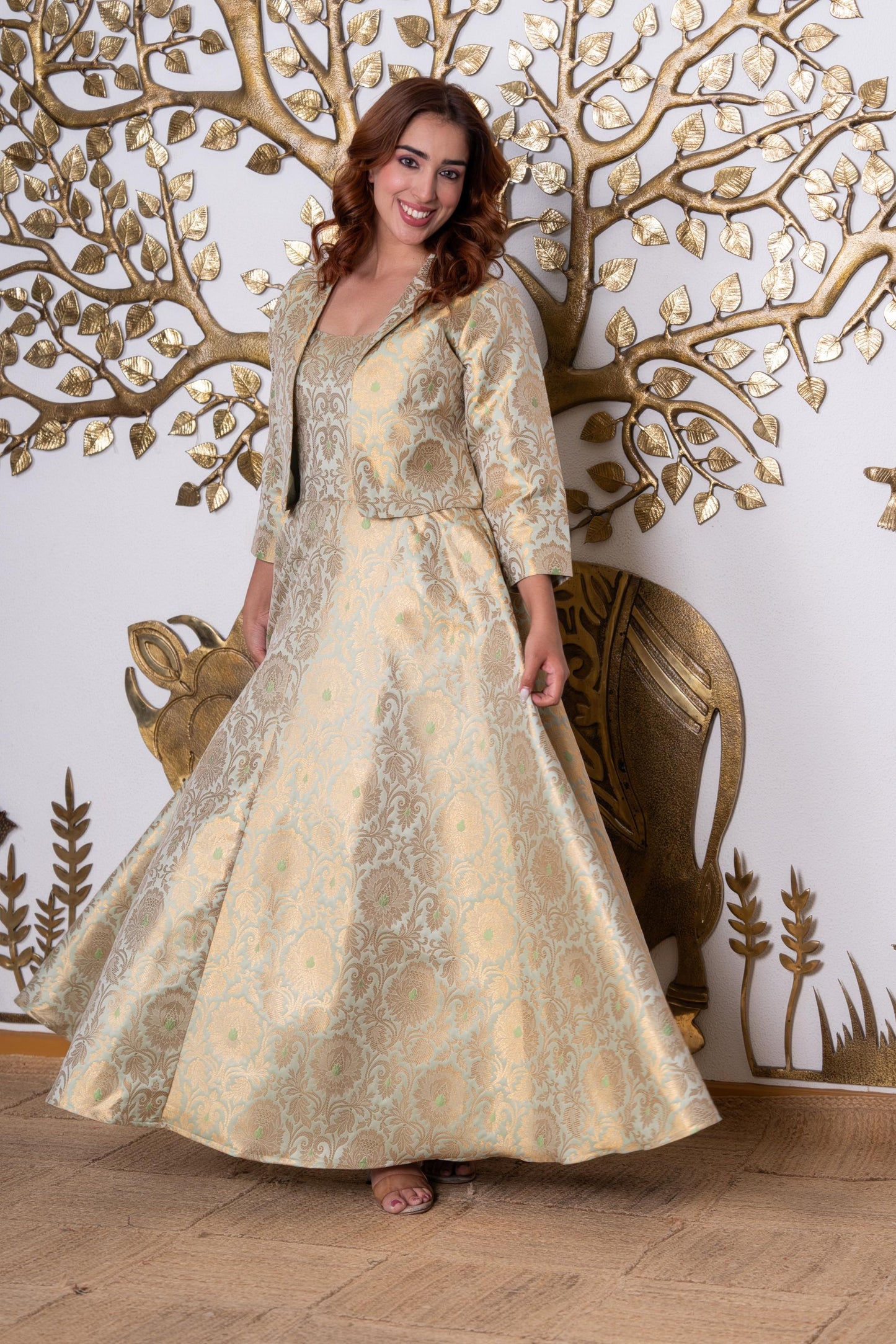 Pista Green Bloom Jacquard Midi Dress