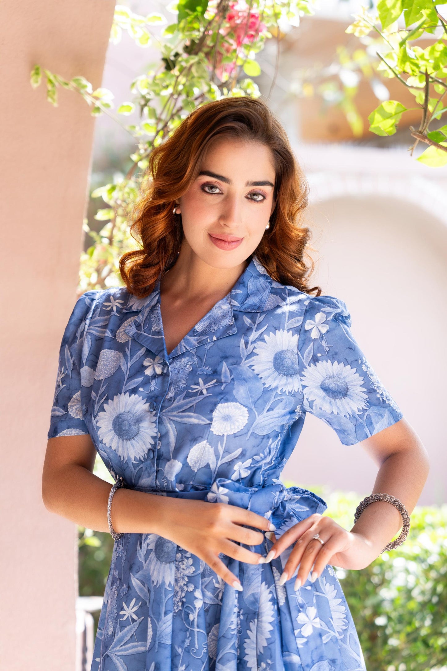 Blue Floral Print Cotton Wrap Dress