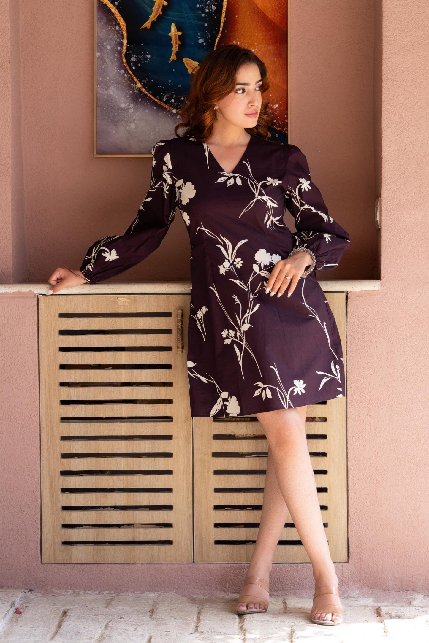 Wine Blossom Floral Printed V-Neck Mini Dress