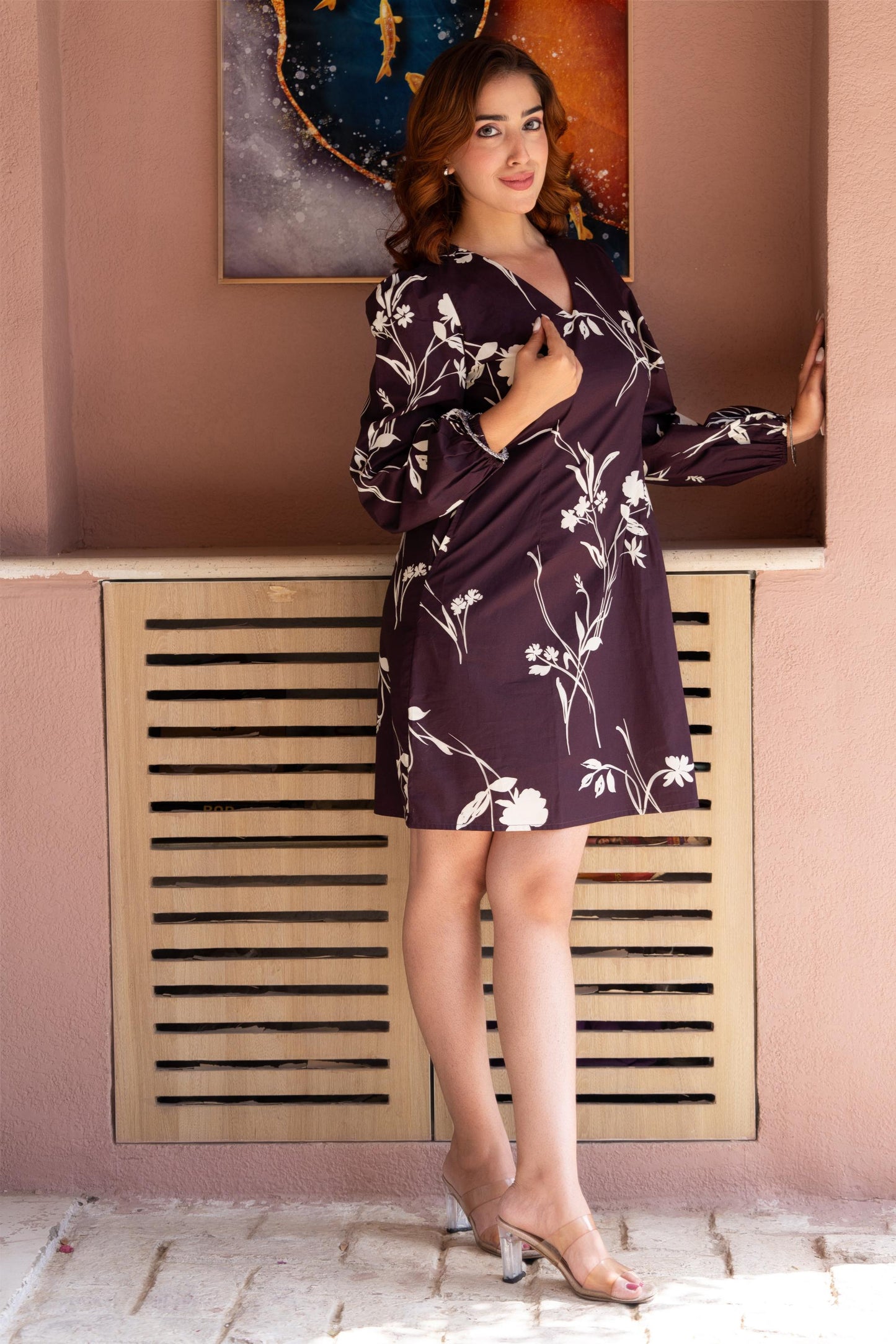Wine Blossom Floral Printed V-Neck Mini Dress