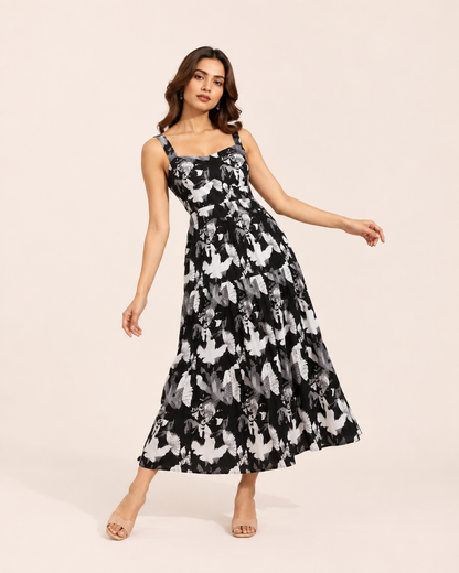 Midnight Bloom Black & White Floral Layered Printed Midi Dress