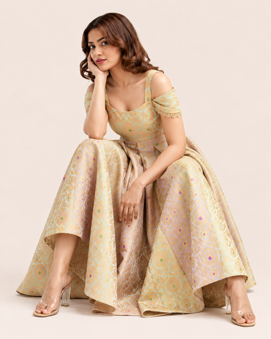Pastel Bloom Jacquard Fit & Flare Dress | Premium Festive Wear | Thread Thesis