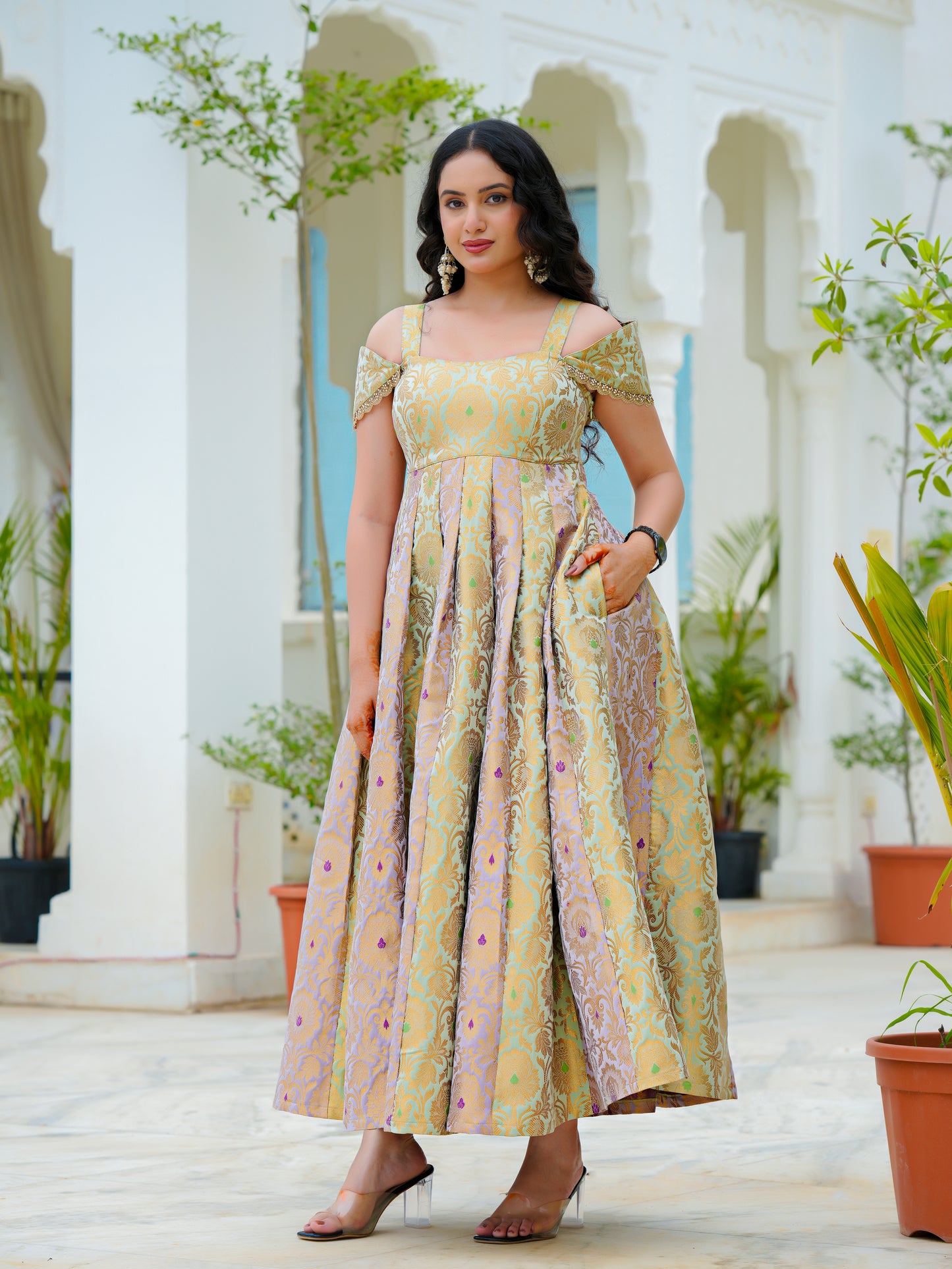 Pastel Bloom Jacquard Fit & Flare Dress | Premium Festive Wear | Thread Thesis