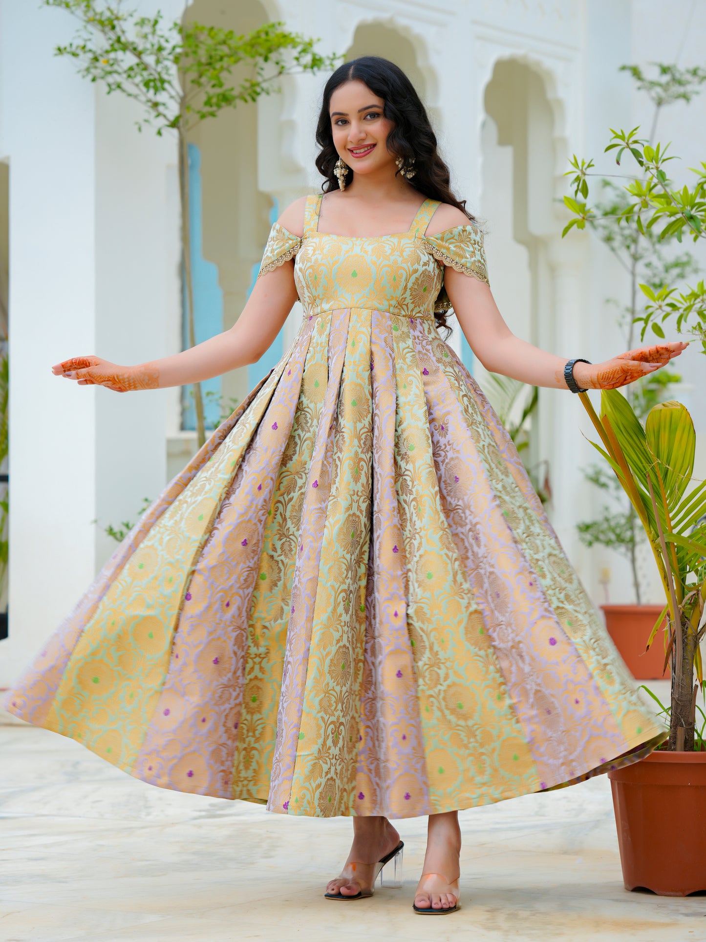 Pastel Bloom Jacquard Fit & Flare Dress | Premium Festive Wear | Thread Thesis