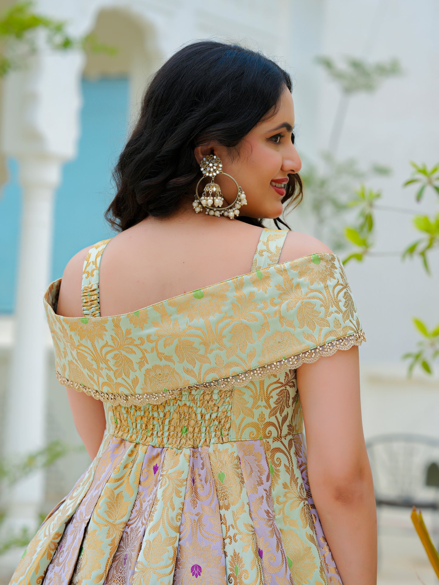Pastel Bloom Jacquard Fit & Flare Dress | Premium Festive Wear | Thread Thesis