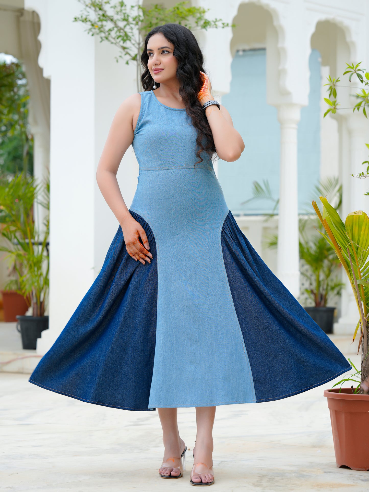Two-Tone Denim Midi Dress