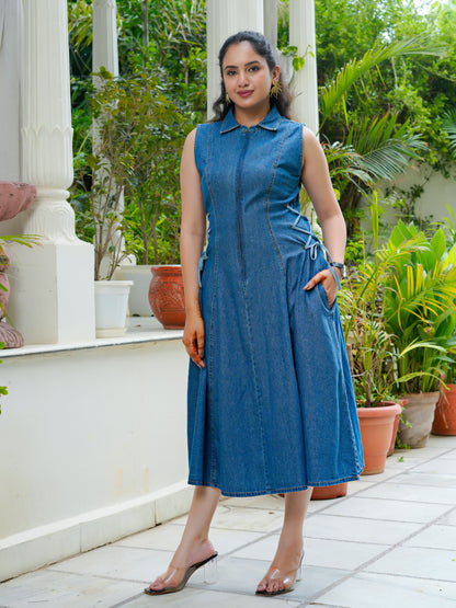 Denim side tie ups midi dress