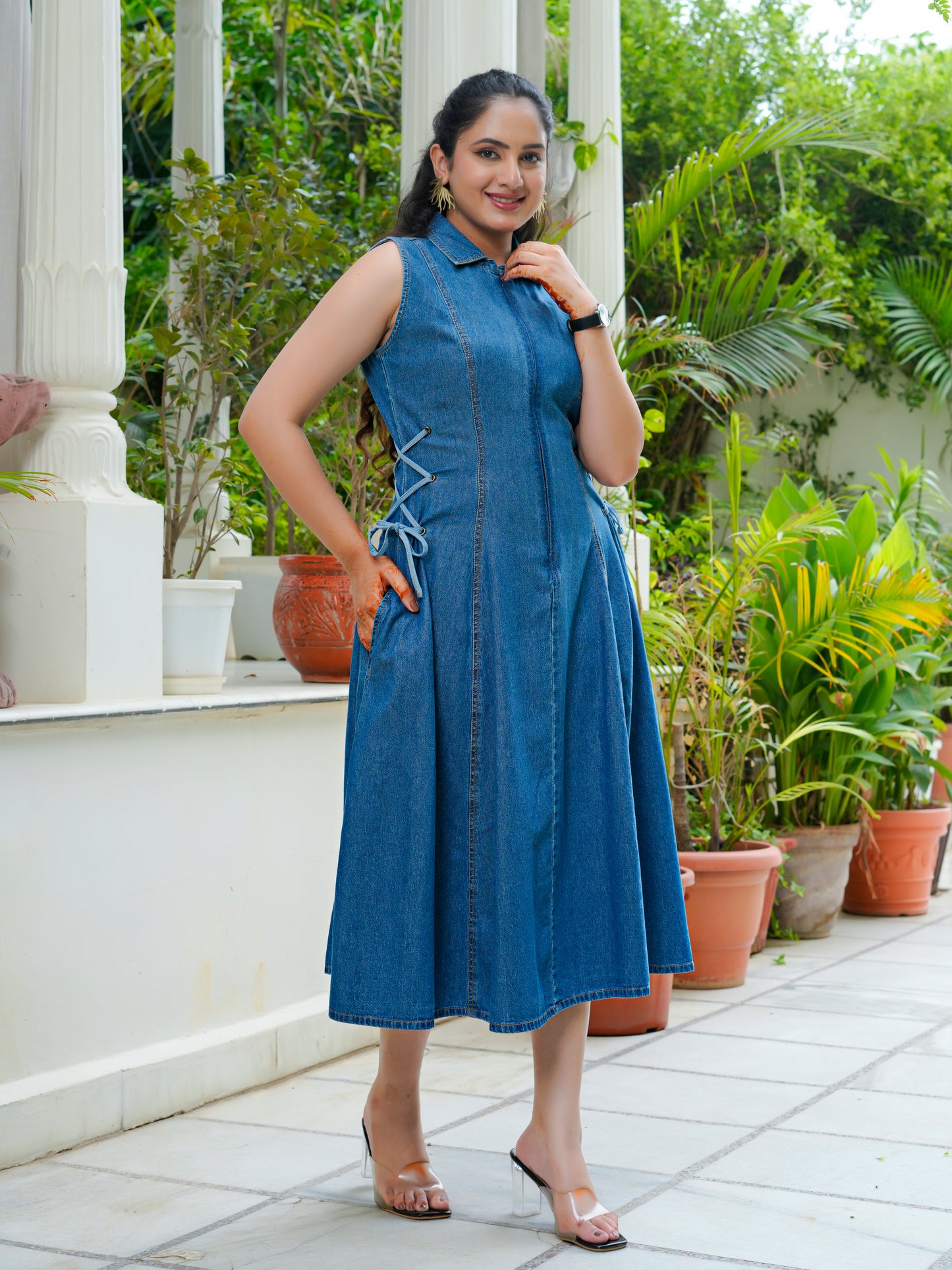 Denim side tie ups midi dress