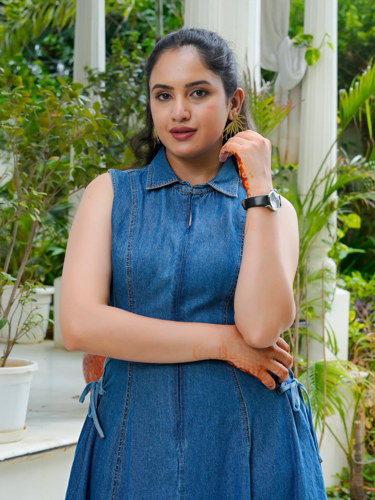 Denim side tie ups midi dress
