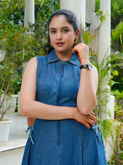 Denim side tie ups midi dress