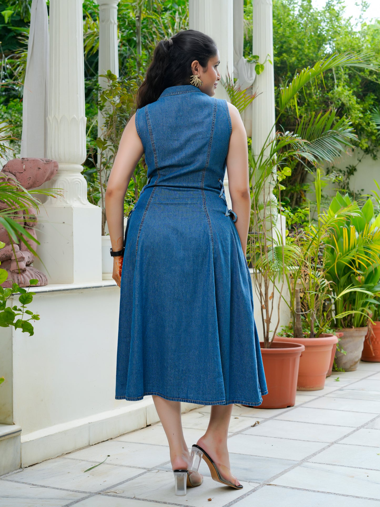 Denim side tie ups midi dress