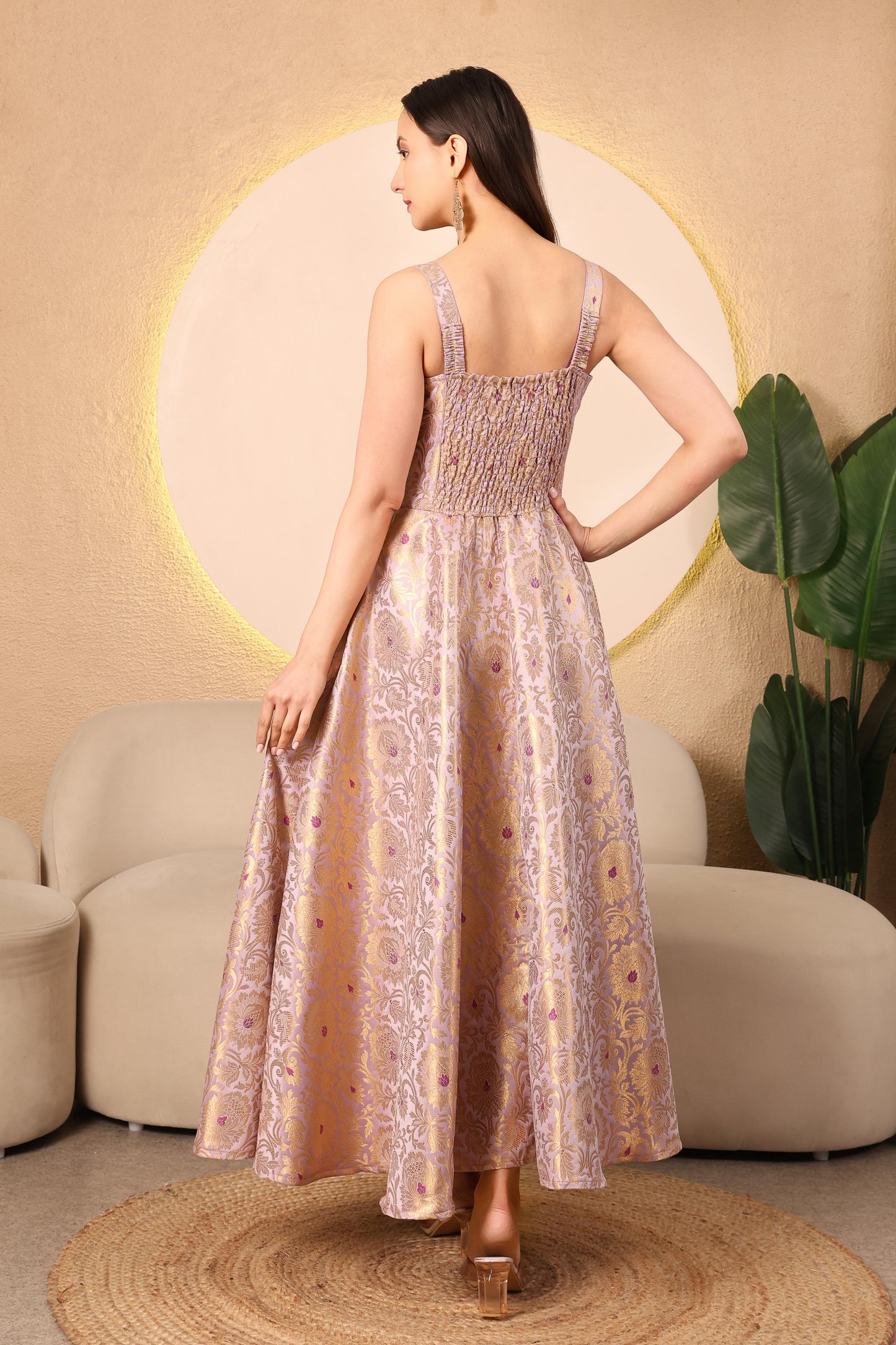 Golden Bloom Jacquard Midi Dress