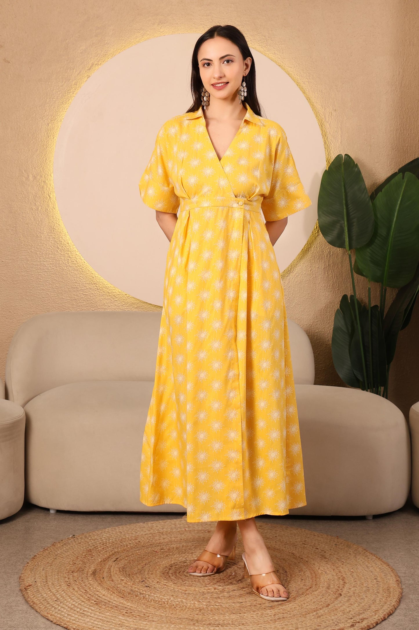 Sunshine Aura Yellow Printed Wrap Midi Dress