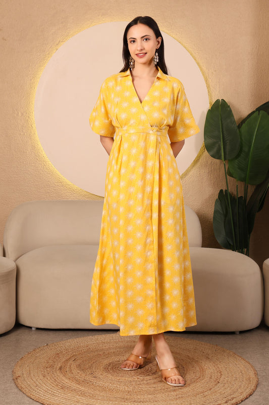 Sunshine Aura Yellow Printed Wrap Midi Dress