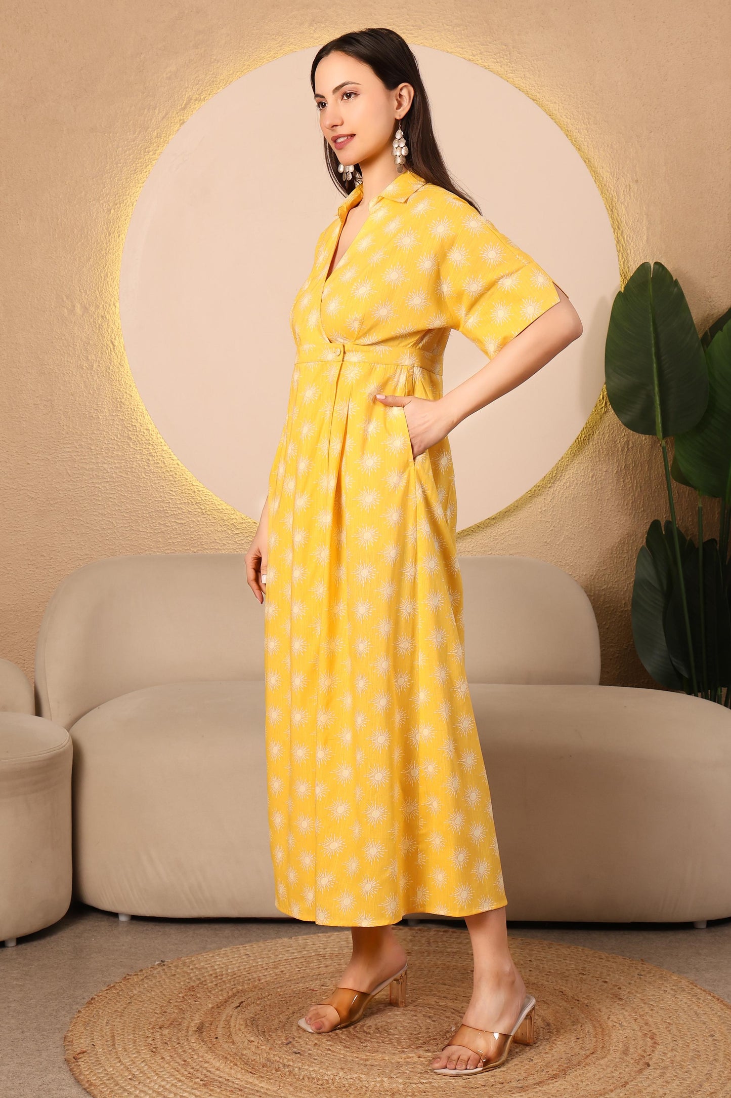 Sunshine Aura Yellow Printed Wrap Midi Dress