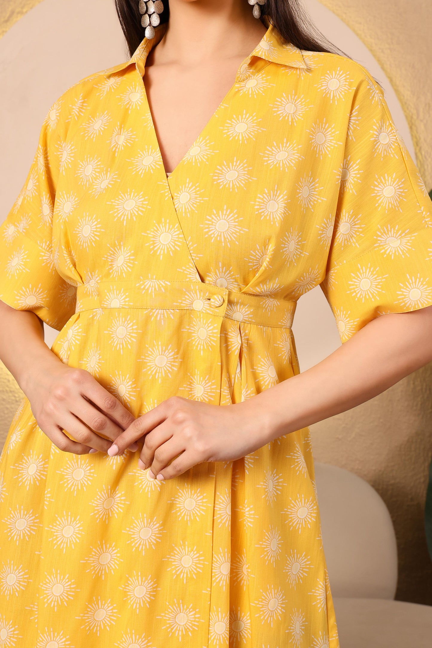 Sunshine Aura Yellow Printed Wrap Midi Dress