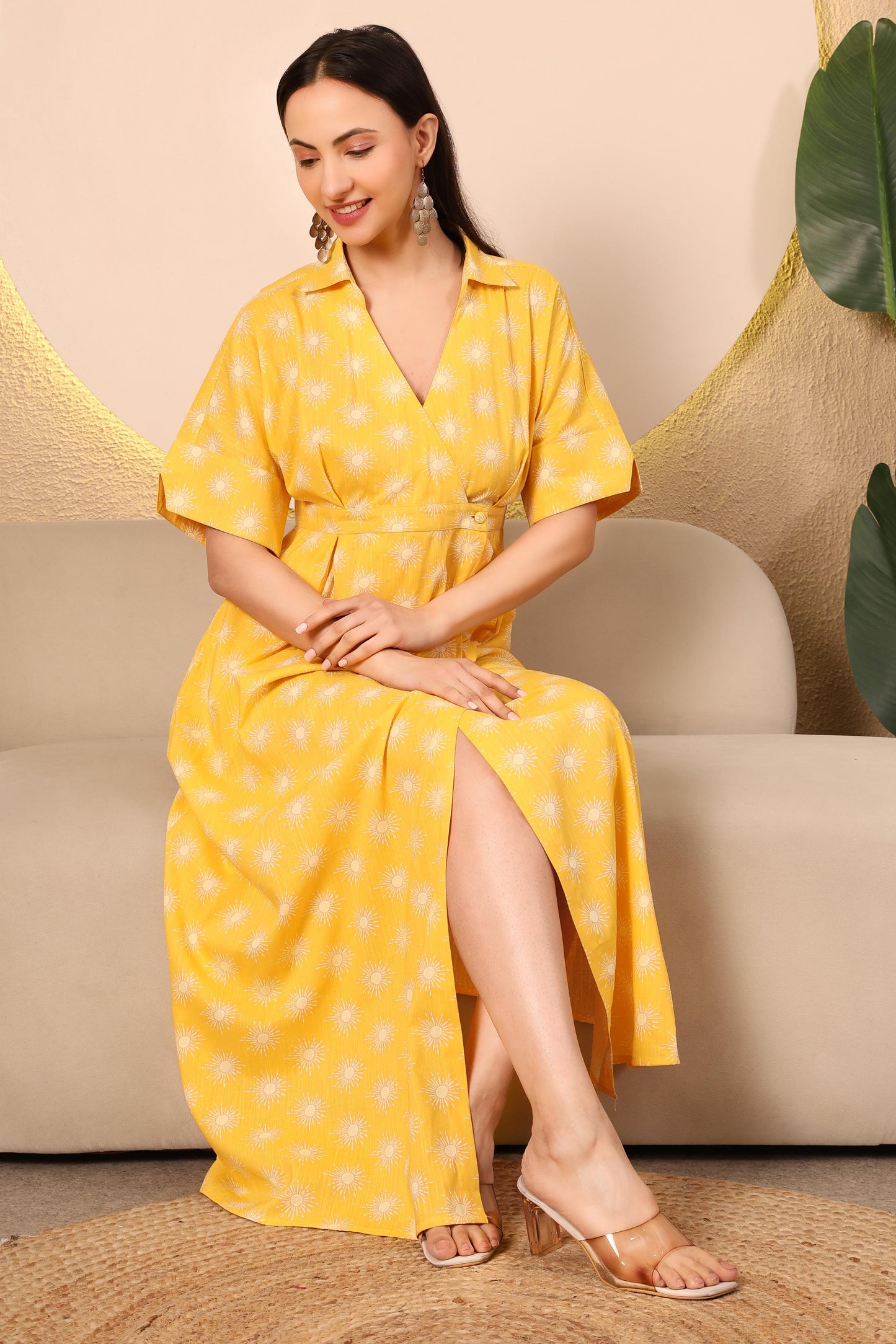 Sunshine Aura Yellow Printed Wrap Midi Dress
