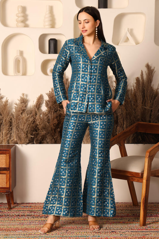 Peacock Teal Brocade Handblock Printed Style Co-ord Set