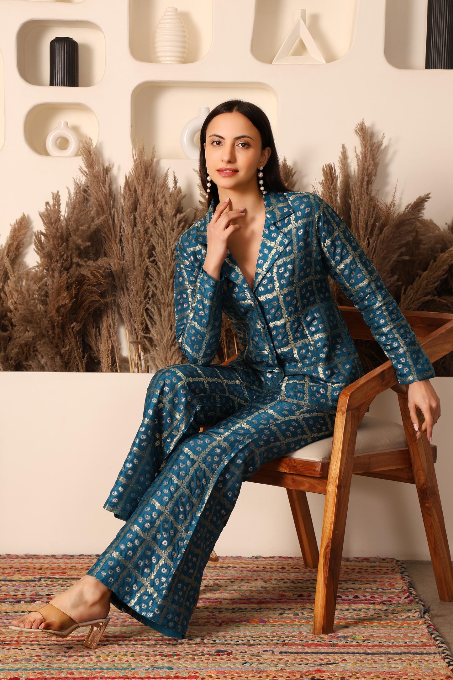 Peacock Teal Brocade Handblock Printed Style Co-ord Set