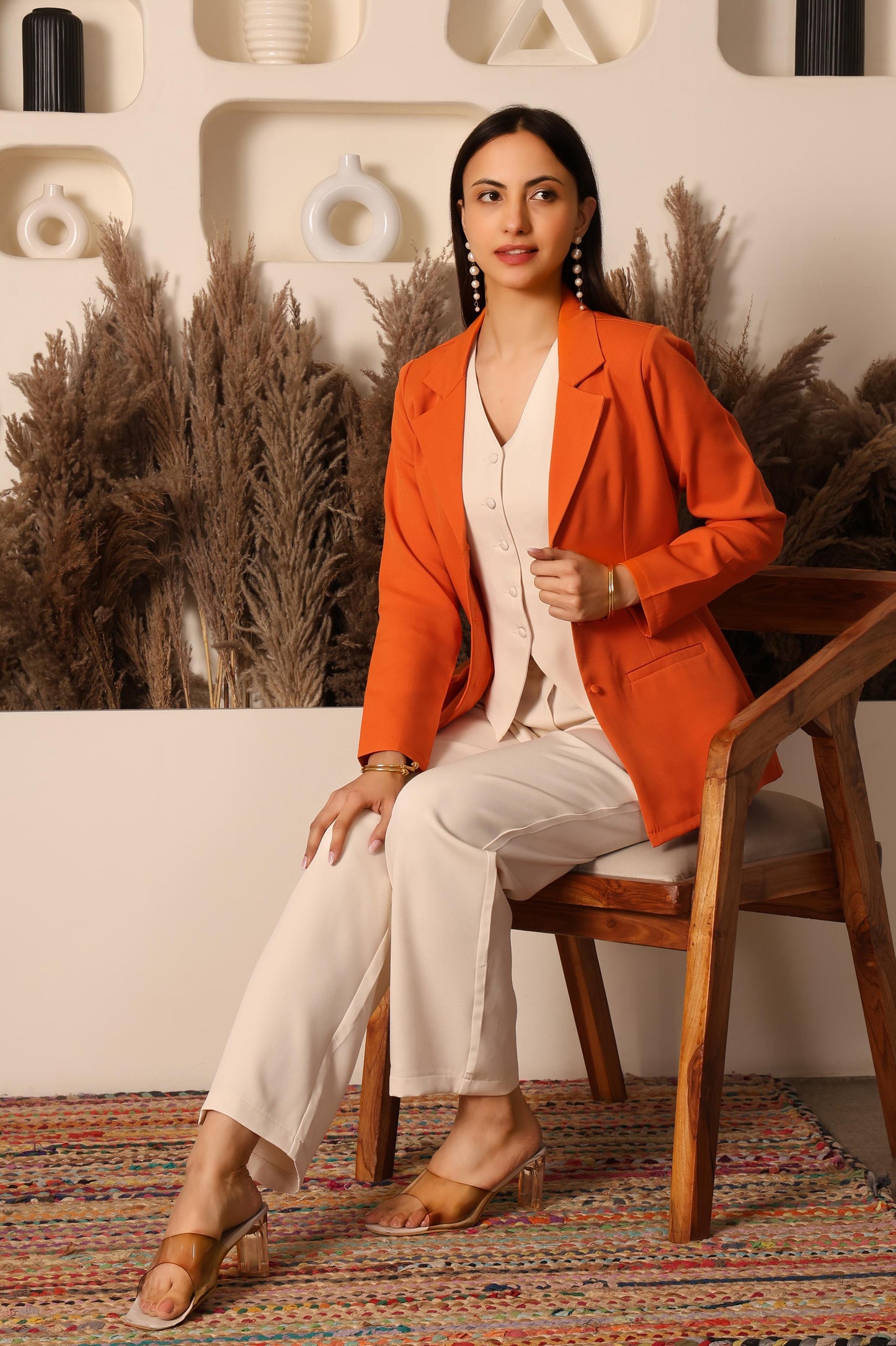 Rust Orange Blazer With Ivory Co-ord Set
