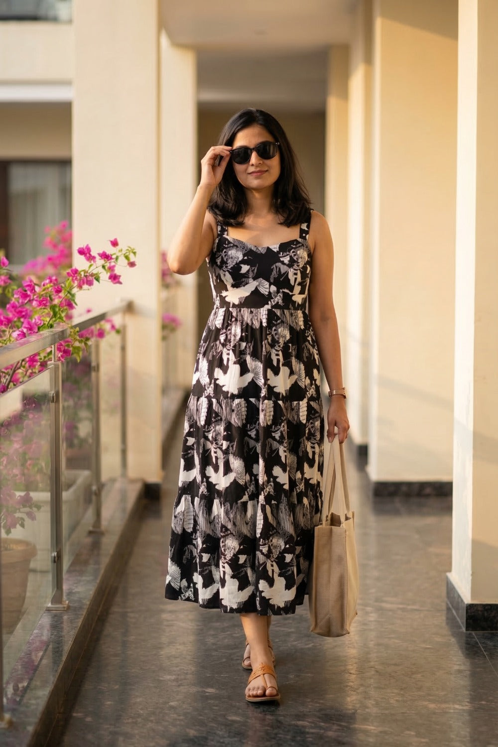Midnight Bloom Black & White Floral Layered Printed Midi Dress