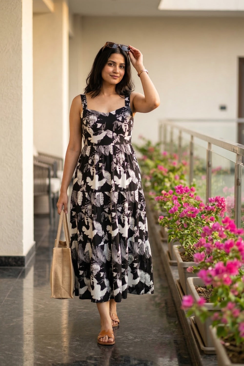 Midnight Bloom Black & White Floral Layered Printed Midi Dress