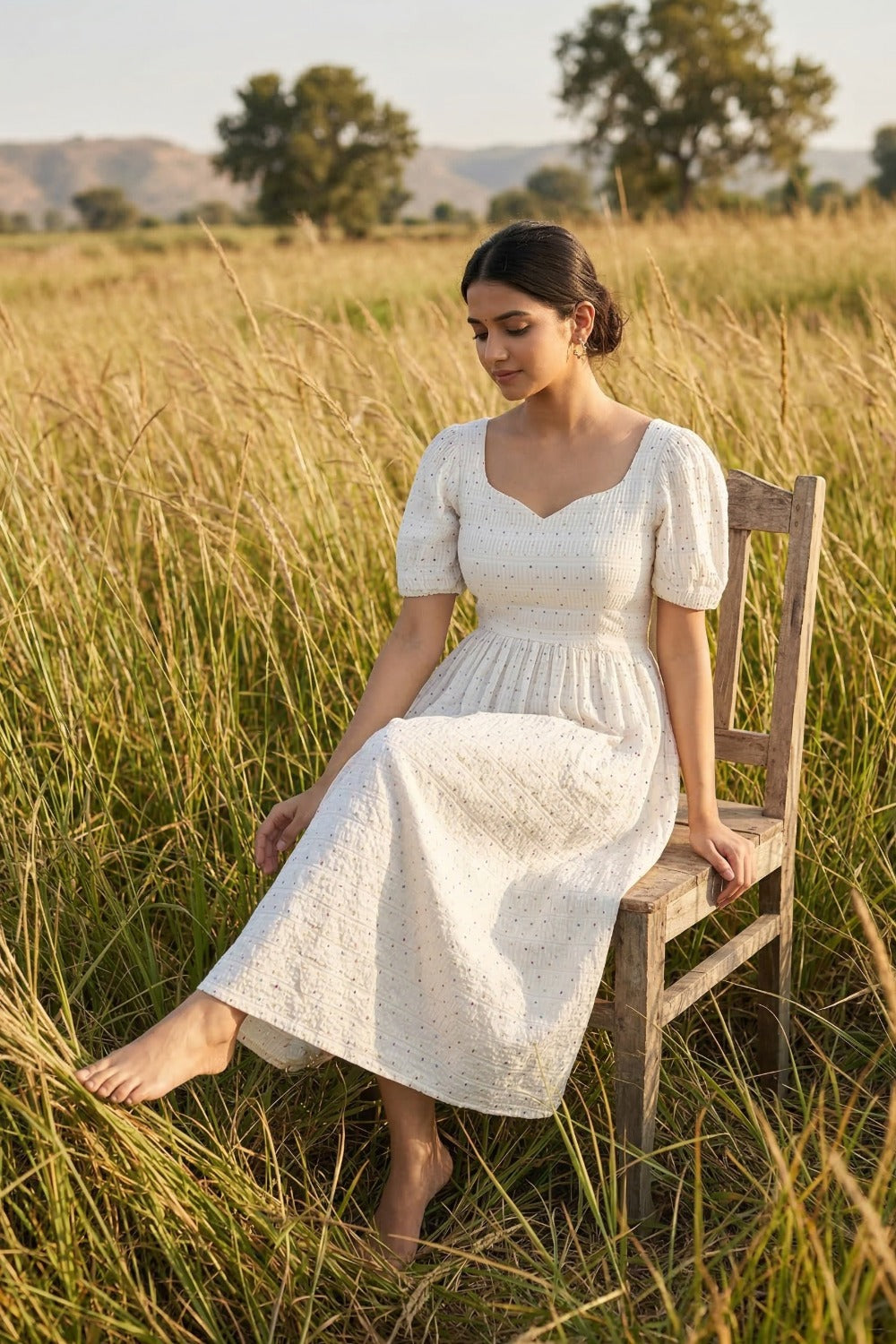 White Polka Print Puff Sleeve Maxi Dress