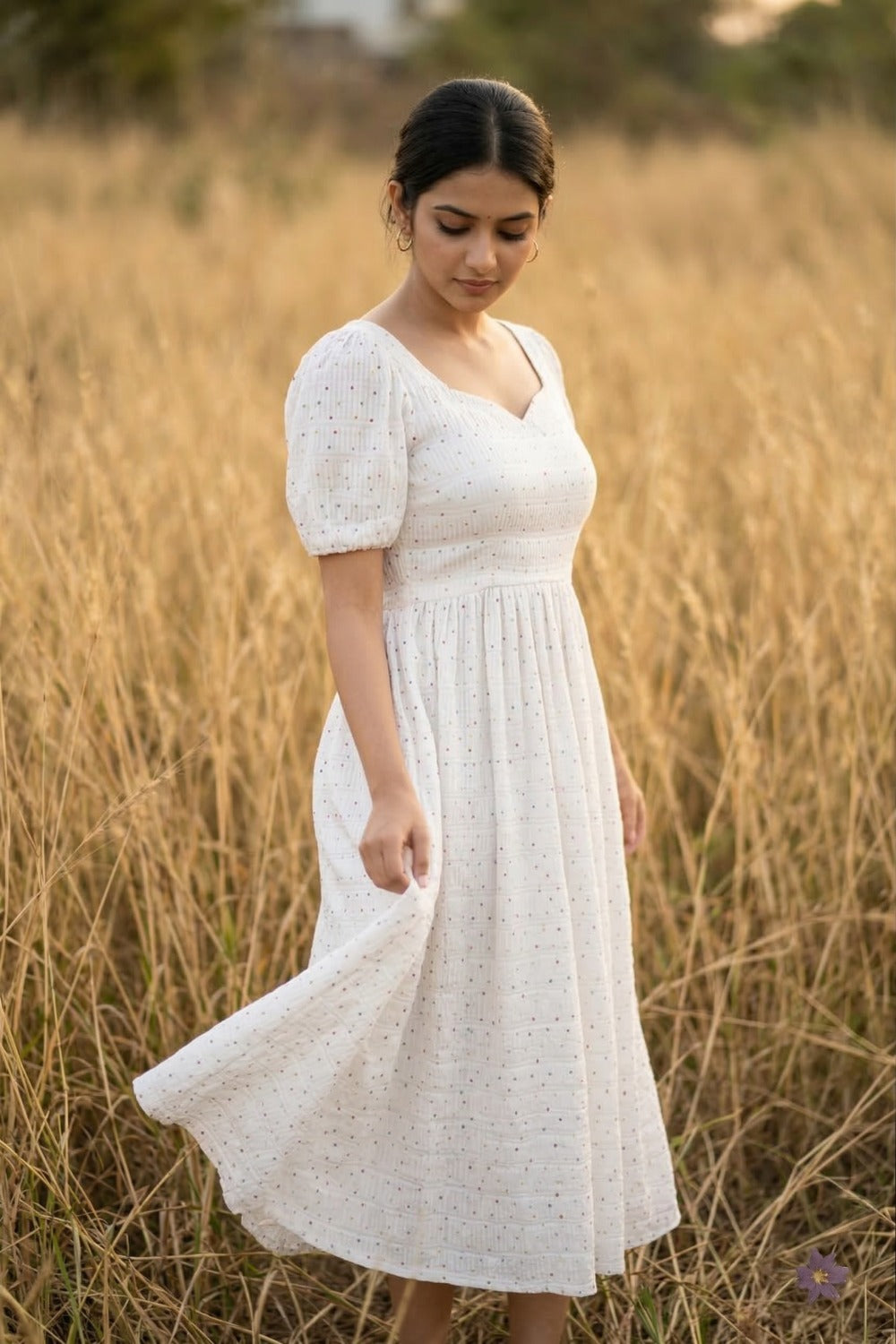 White Polka Print Puff Sleeve Maxi Dress