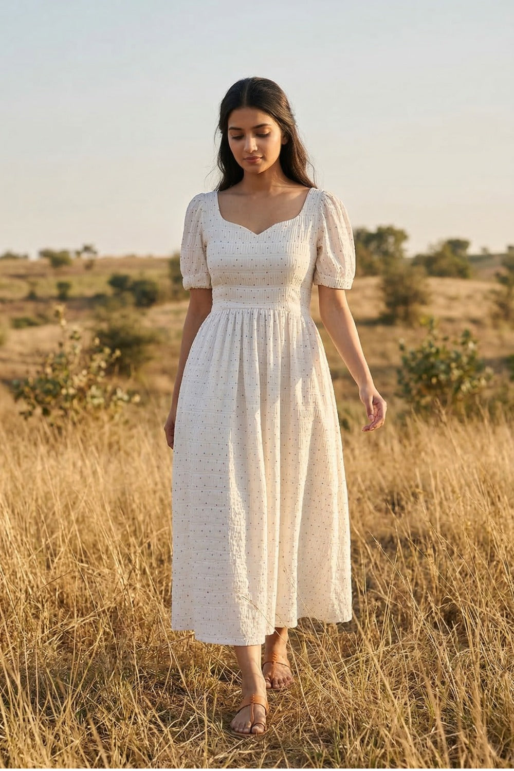 White Polka Print Puff Sleeve Maxi Dress