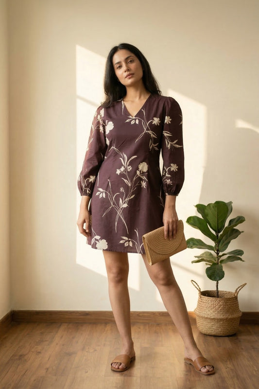 Wine Blossom Floral Printed V-Neck Mini Dress