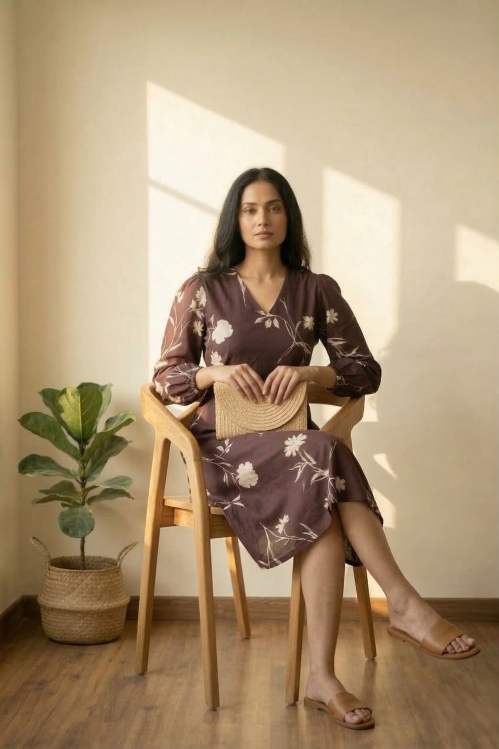 Wine Blossom Floral Printed V-Neck Mini Dress